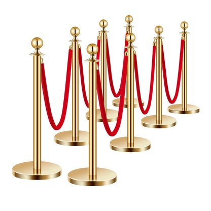 8pcs Gold Pole Post 6 Red Velvet Ropes Sand Injection Hollow Base