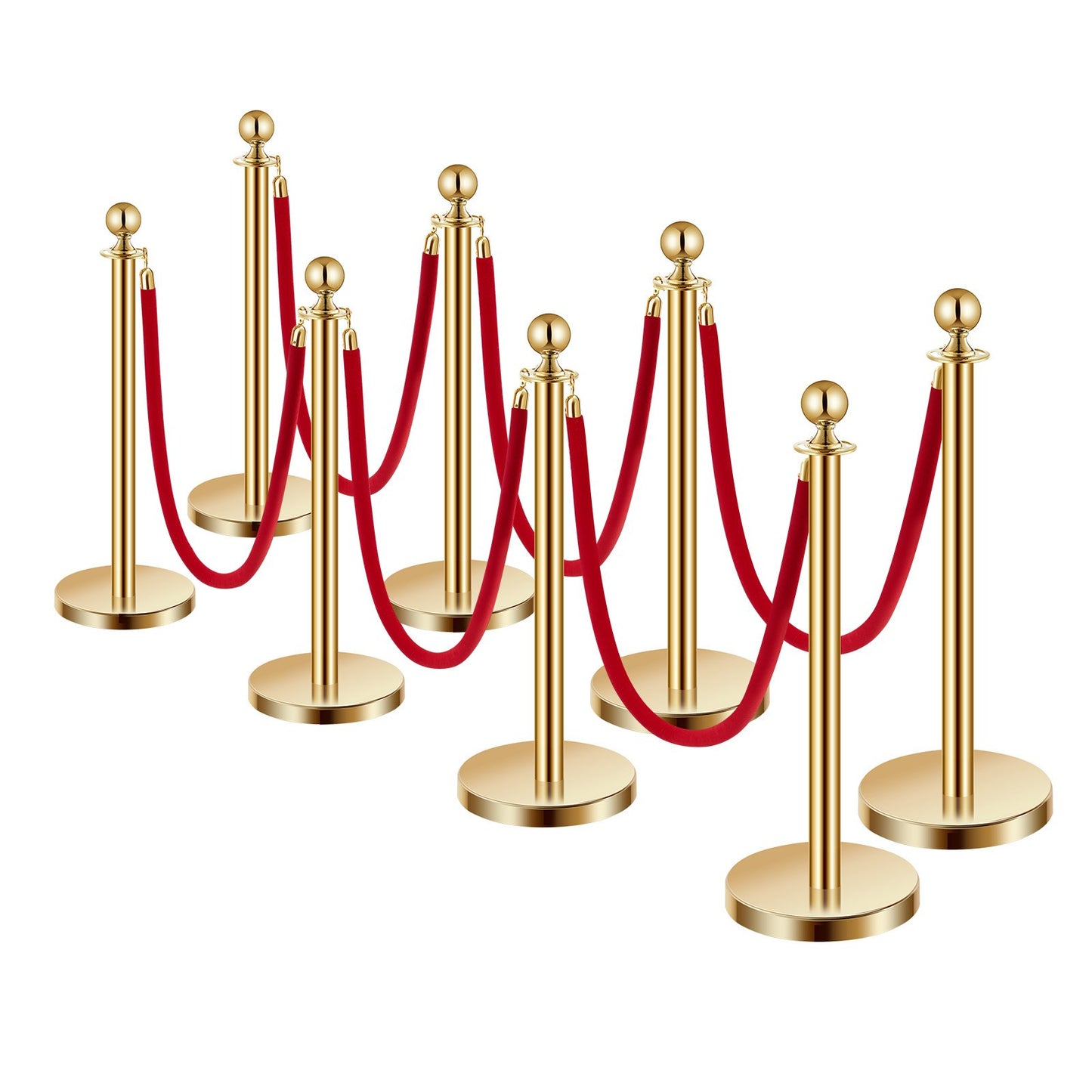 8pcs Gold Pole Post 6 Red Velvet Ropes Sand Injection Hollow Base