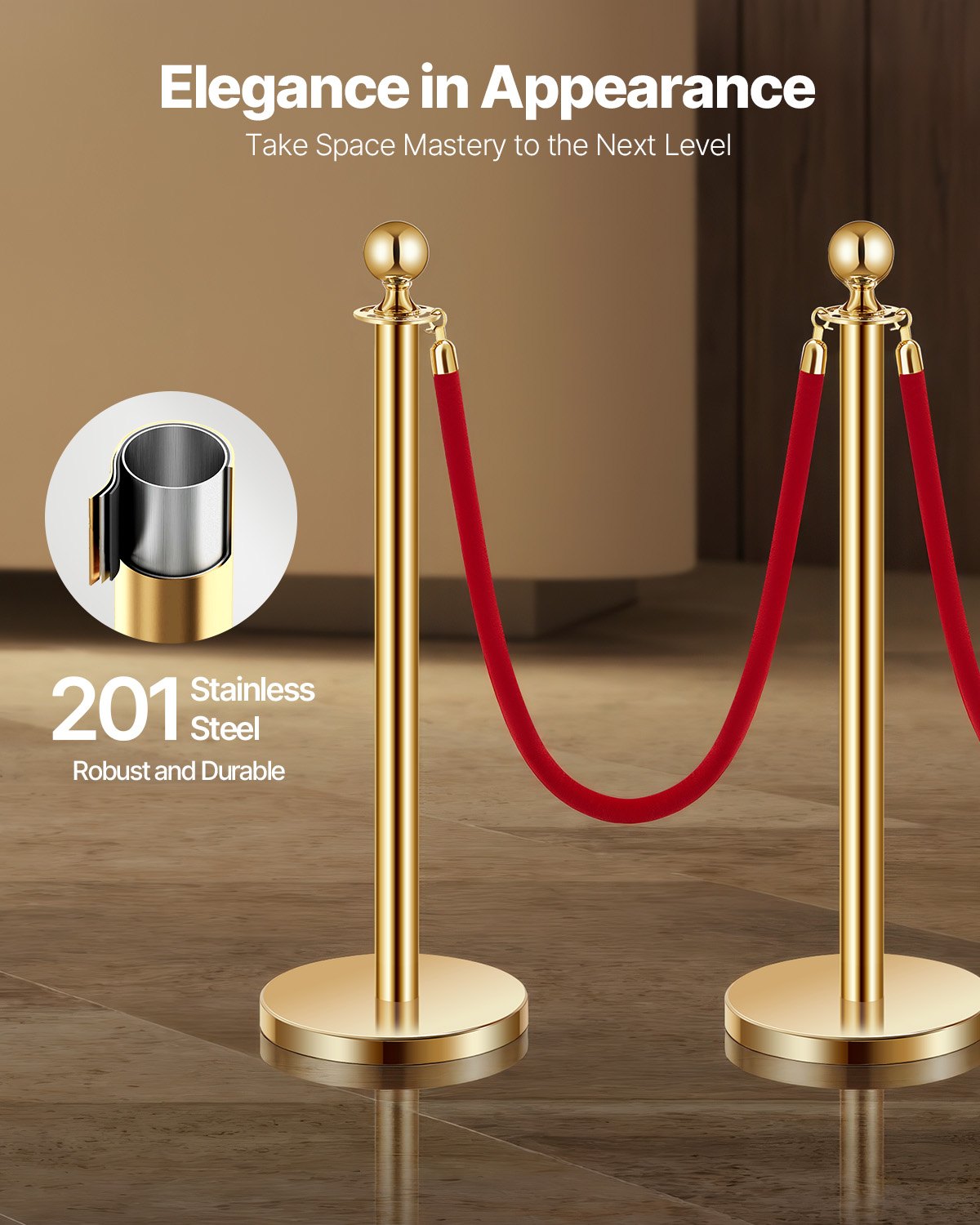 4 pcs Gold post 3 red velvet ropes Sand injection hollow base