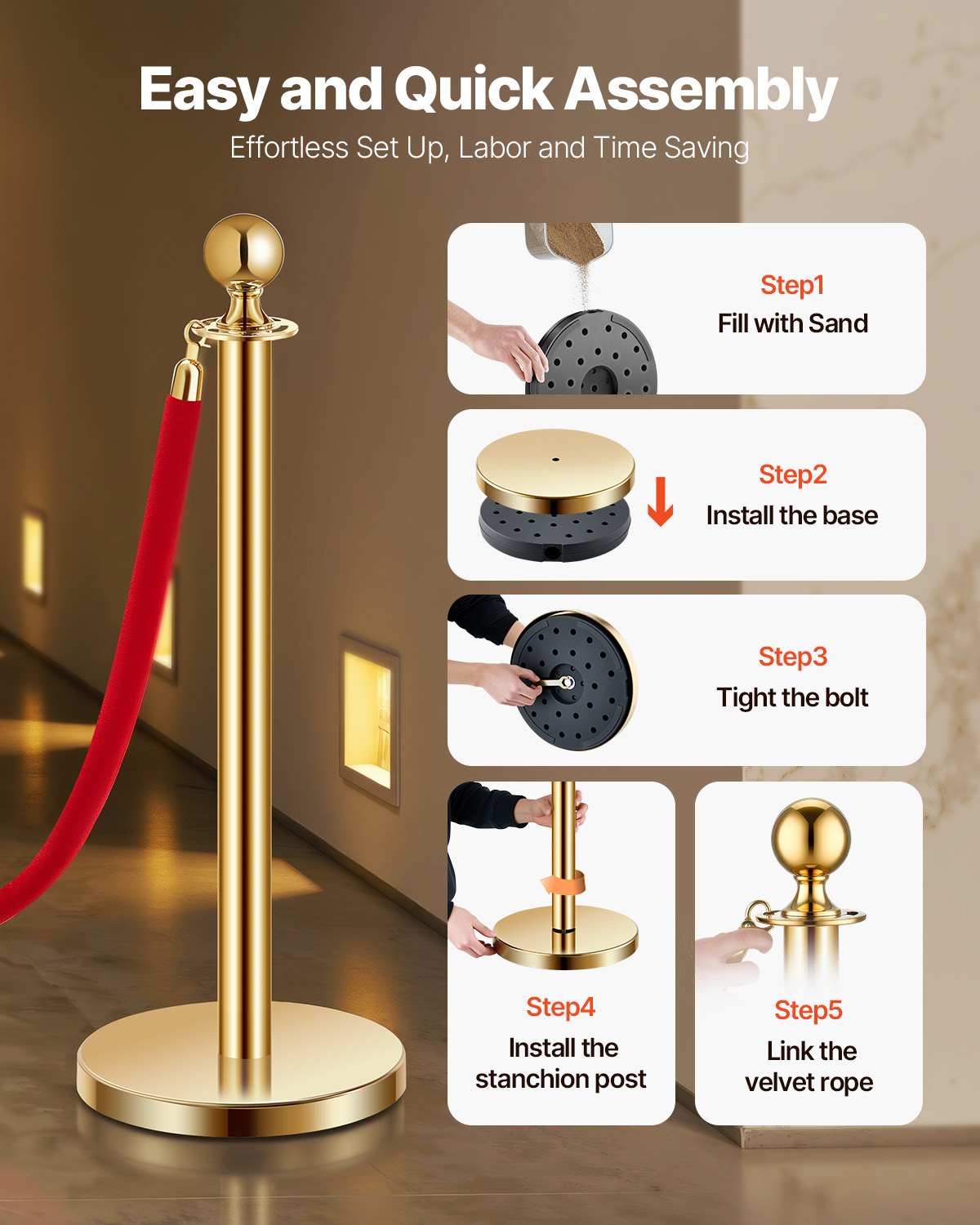 4 pcs Gold post 3 red velvet ropes Sand injection hollow base