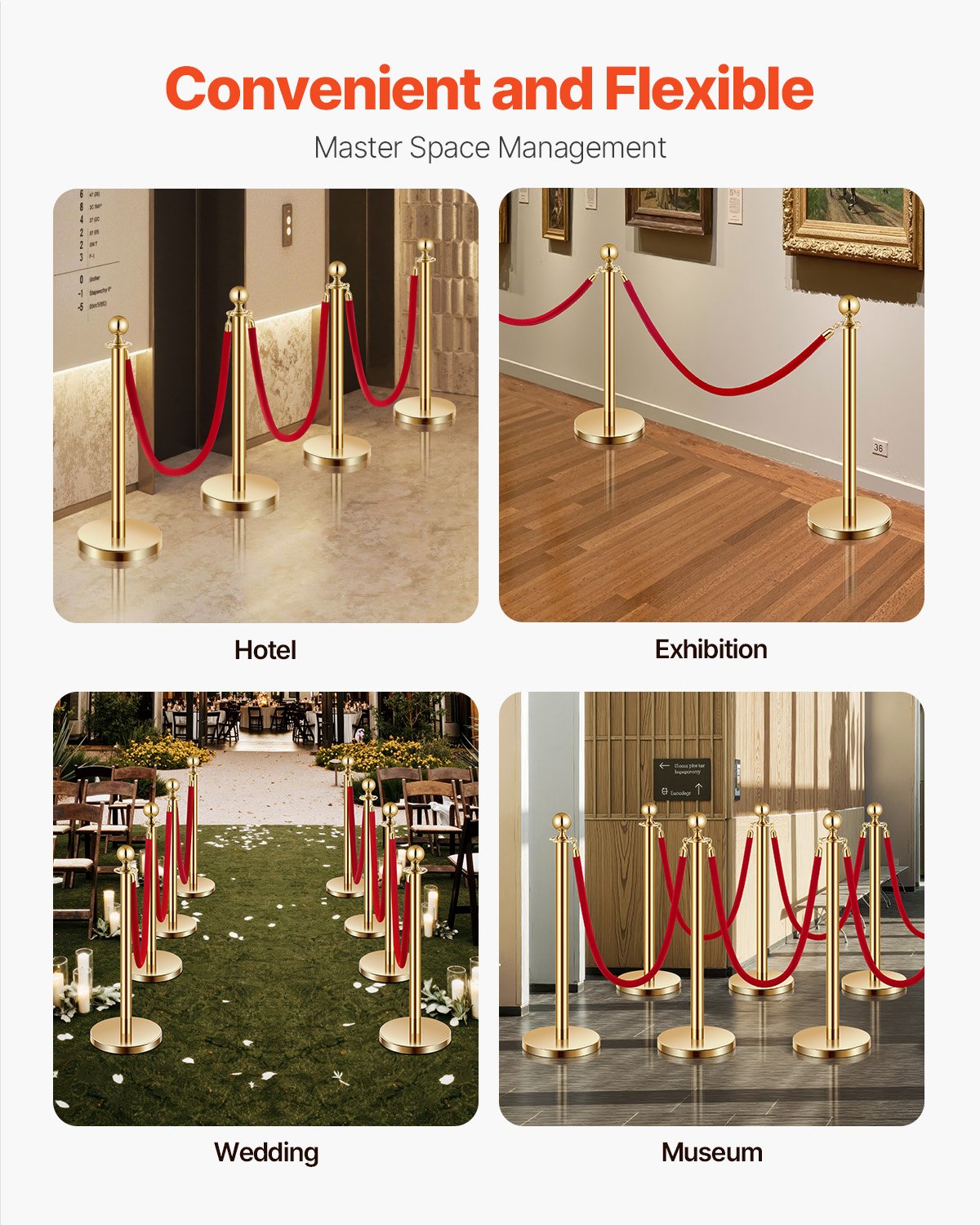 4 pcs Gold post 3 red velvet ropes Sand injection hollow base