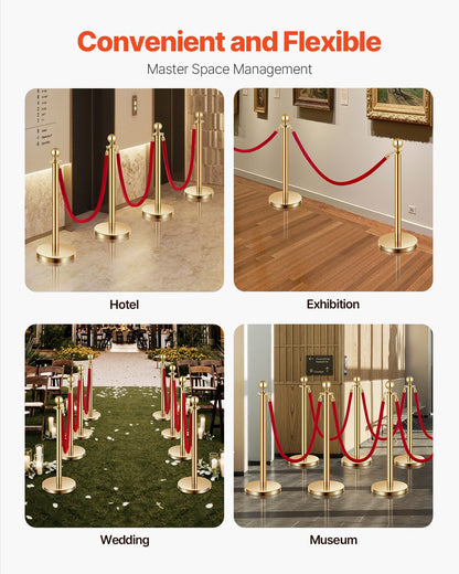 4 pcs Gold post 3 red velvet ropes Sand injection hollow base