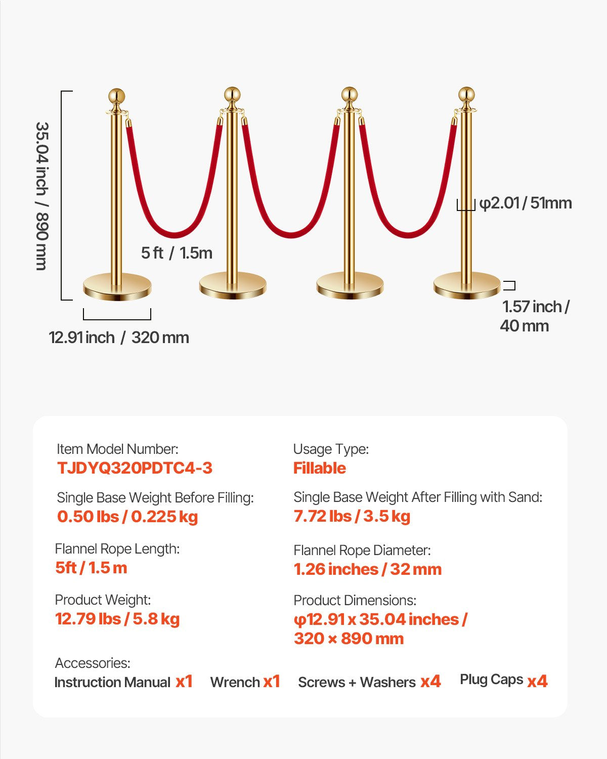 4 pcs Gold post 3 red velvet ropes Sand injection hollow base