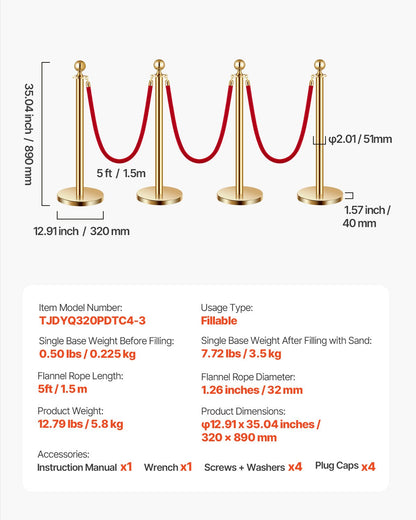 4 pcs Gold post 3 red velvet ropes Sand injection hollow base