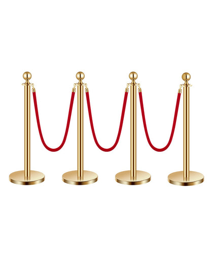 4 pcs Gold post 3 red velvet ropes Sand injection hollow base