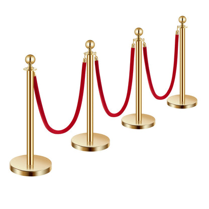 4 pcs Gold post 3 red velvet ropes Sand injection hollow base