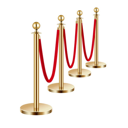 4 pcs Gold post 3 red velvet ropes Sand injection hollow base