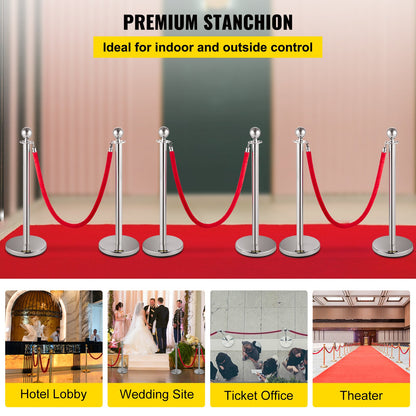6PCS Red Rope Pole Silver Post Crowd Control Queue Line Barrier