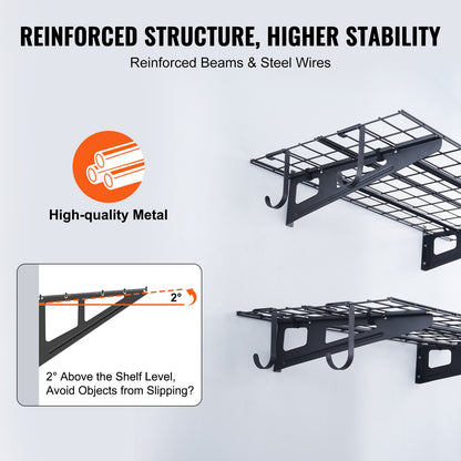 Garageförvaringshyllor, 2-pack, 4 x 2 fot Heavy Duty Garagehyllor Väggmonterade, 500 lbs Lastkapacitet (totalt) Garageförvaringsställ Flytande hyllor, Lämplig för butik, bod, garageförvaring