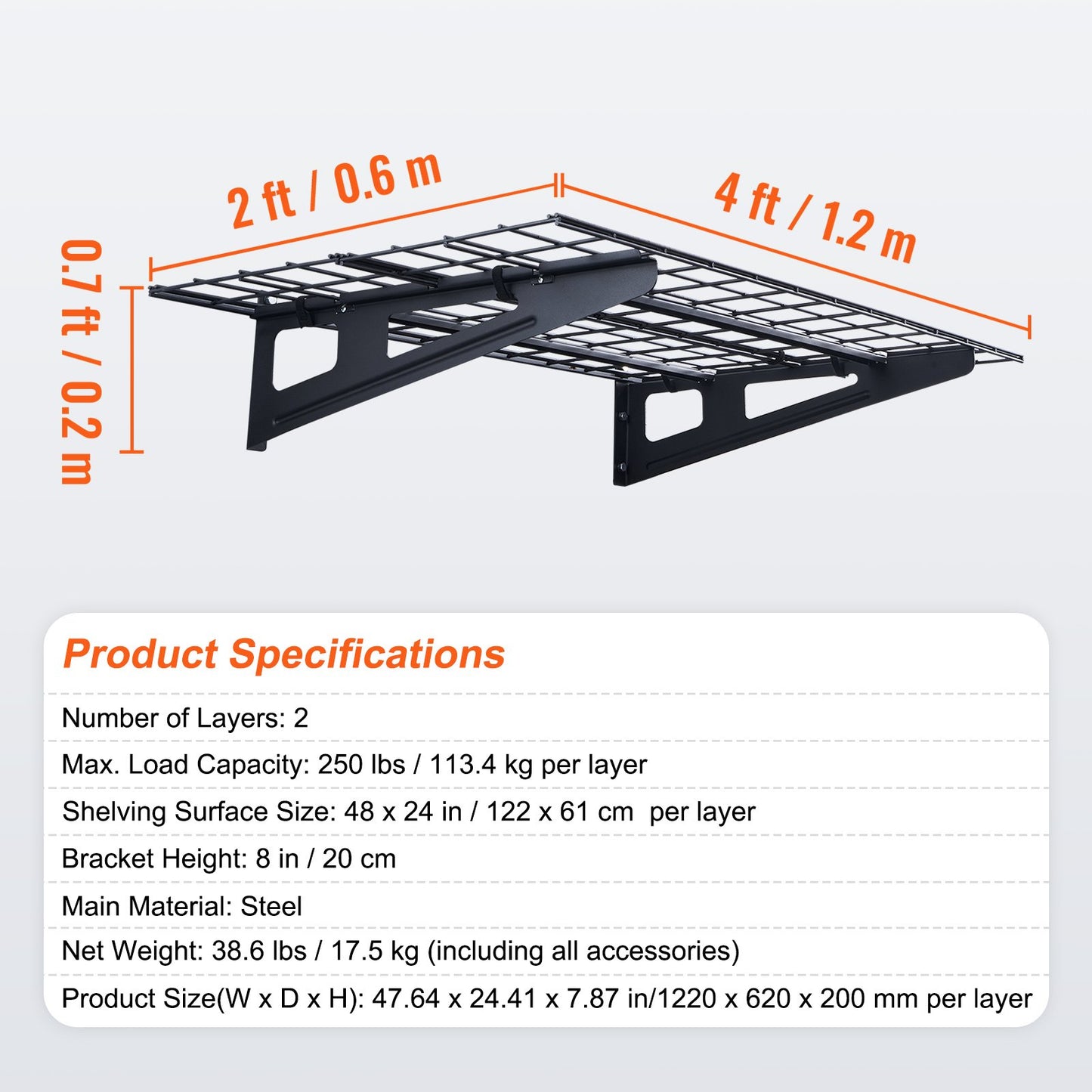 Garageförvaringshyllor, 2-pack, 4 x 2 fot Heavy Duty Garagehyllor Väggmonterade, 500 lbs Lastkapacitet (totalt) Garageförvaringsställ Flytande hyllor, Lämplig för butik, bod, garageförvaring
