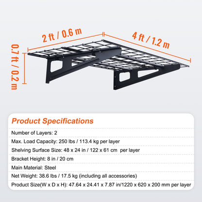 Garageförvaringshyllor, 2-pack, 4 x 2 fot Heavy Duty Garagehyllor Väggmonterade, 500 lbs Lastkapacitet (totalt) Garageförvaringsställ Flytande hyllor, Lämplig för butik, bod, garageförvaring