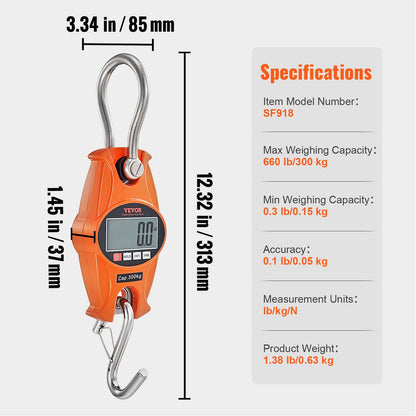 Digital Crane Våg, 660 lbs/300 kg, Industriell Heavy Duty Hängningsvåg med gjuten aluminiumfodral & LCD-skärm, Handhållen minikran med krokar för gård, jakt, fiske, utomhus, garage (orange)