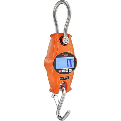 Digital Crane Våg, 660 lbs/300 kg, Industriell Heavy Duty Hängningsvåg med gjuten aluminiumfodral & LCD-skärm, Handhållen minikran med krokar för gård, jakt, fiske, utomhus, garage (orange)