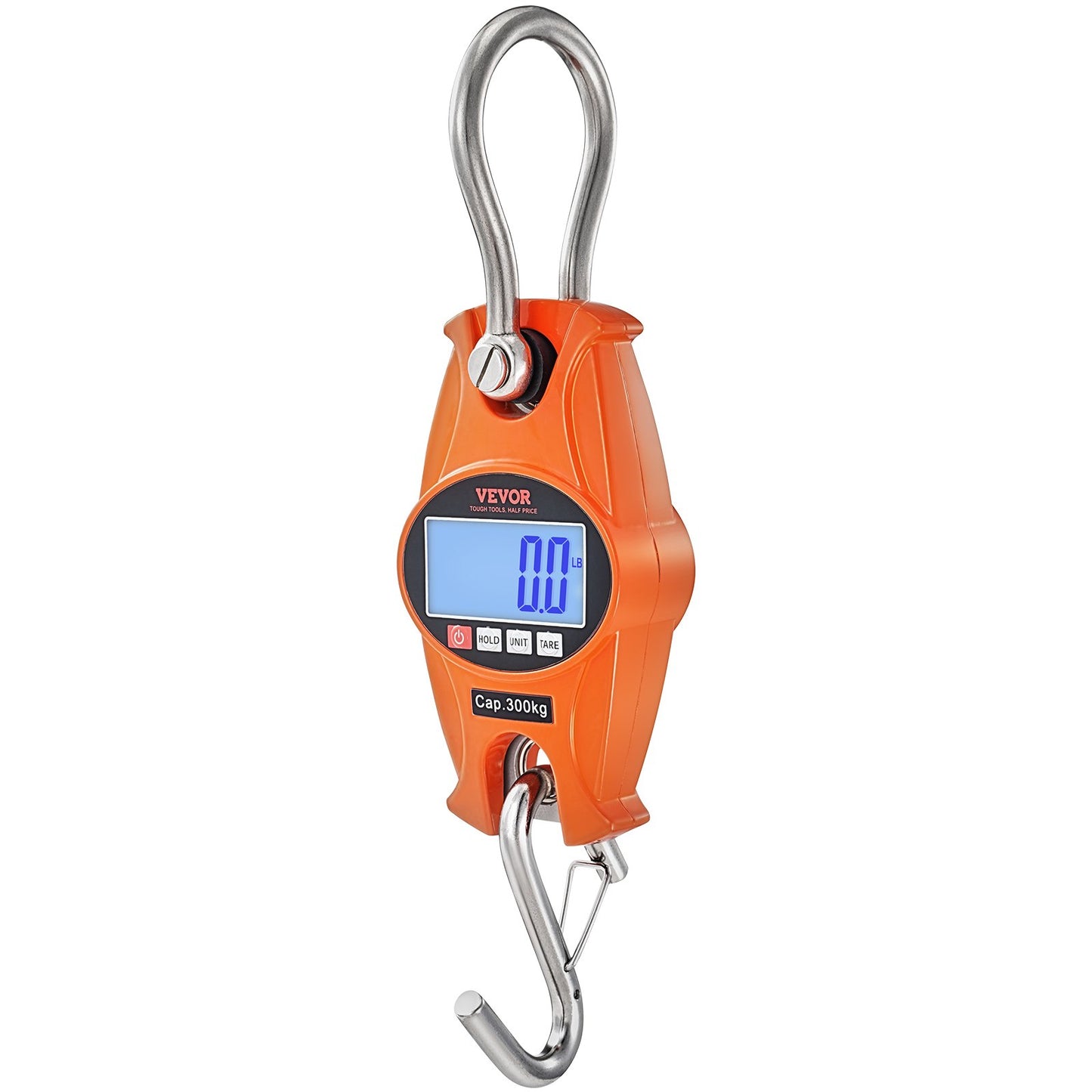 Digital Crane Våg, 660 lbs/300 kg, Industriell Heavy Duty Hängningsvåg med gjuten aluminiumfodral & LCD-skärm, Handhållen minikran med krokar för gård, jakt, fiske, utomhus, garage (orange)