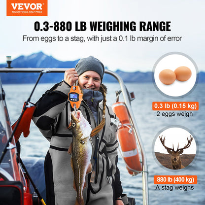 Digital Crane Våg, 880 lbs/400 kg, Industriell Heavy Duty Hängningsvåg med gjuten aluminiumfodral & LCD-skärm, Handhållen minikran med krokar för gård, jakt, fiske, utomhus, garage (orange)