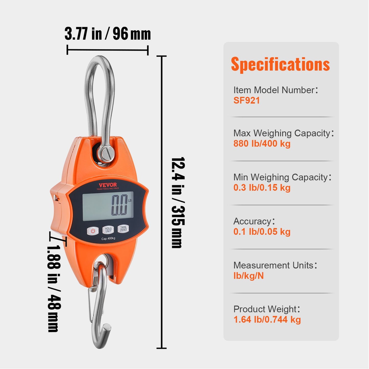 Digital Crane Våg, 880 lbs/400 kg, Industriell Heavy Duty Hängningsvåg med gjuten aluminiumfodral & LCD-skärm, Handhållen minikran med krokar för gård, jakt, fiske, utomhus, garage (orange)