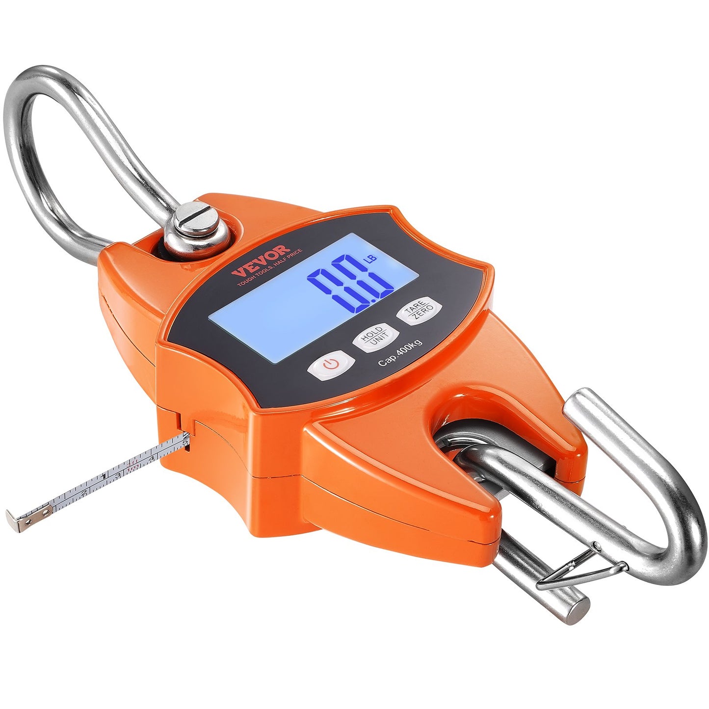 Digital Crane Våg, 880 lbs/400 kg, Industriell Heavy Duty Hängningsvåg med gjuten aluminiumfodral & LCD-skärm, Handhållen minikran med krokar för gård, jakt, fiske, utomhus, garage (orange)