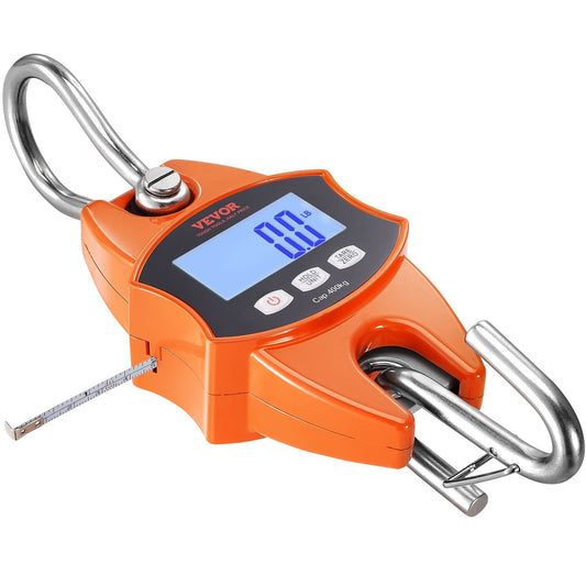Digital Crane Våg, 880 lbs/400 kg, Industriell Heavy Duty Hängningsvåg med gjuten aluminiumfodral & LCD-skärm, Handhållen minikran med krokar för gård, jakt, fiske, utomhus, garage (orange)