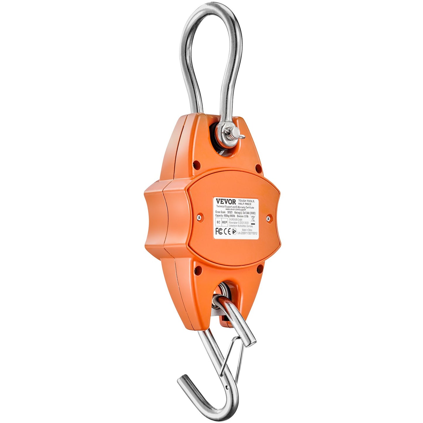 Digital Crane Våg, 880 lbs/400 kg, Industriell Heavy Duty Hängningsvåg med gjuten aluminiumfodral & LCD-skärm, Handhållen minikran med krokar för gård, jakt, fiske, utomhus, garage (orange)