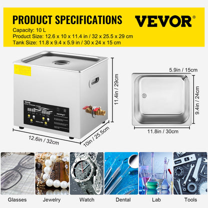 10L Digital Ultrasonic Cleaner Heater Timer Smycken Glasögonrengöring