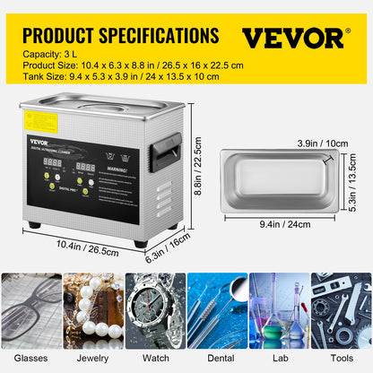 3L Digital Ultrasonic Cleaner Heater Timer Smycken Glasögonrengöring