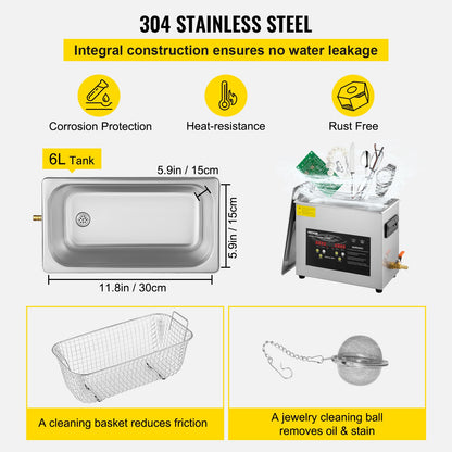 6L Digital Ultrasonic Cleaner Heater Timer 400W Kraftfull Smycken Glasögon