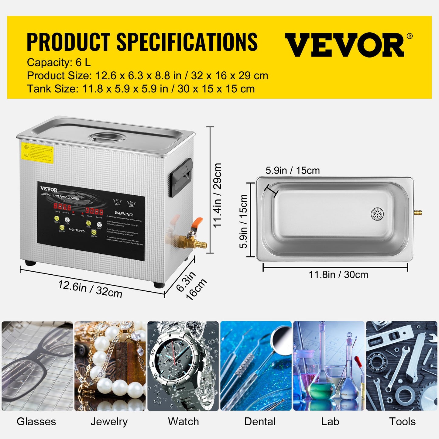 6L Digital Ultrasonic Cleaner Heater Timer 400W Kraftfull Smycken Glasögon