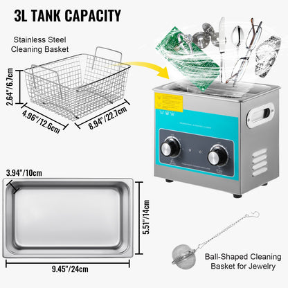 Knob Ultrasonic Cleaner 3L 40kHz Ultrasonic Cleaner Machine Knob Control Sonic Cleaner 304 Stainless Steel Ultrasonic Cleaner Machine with Heater &amp; Timer for Cleaning Jewelry Glasses Watches