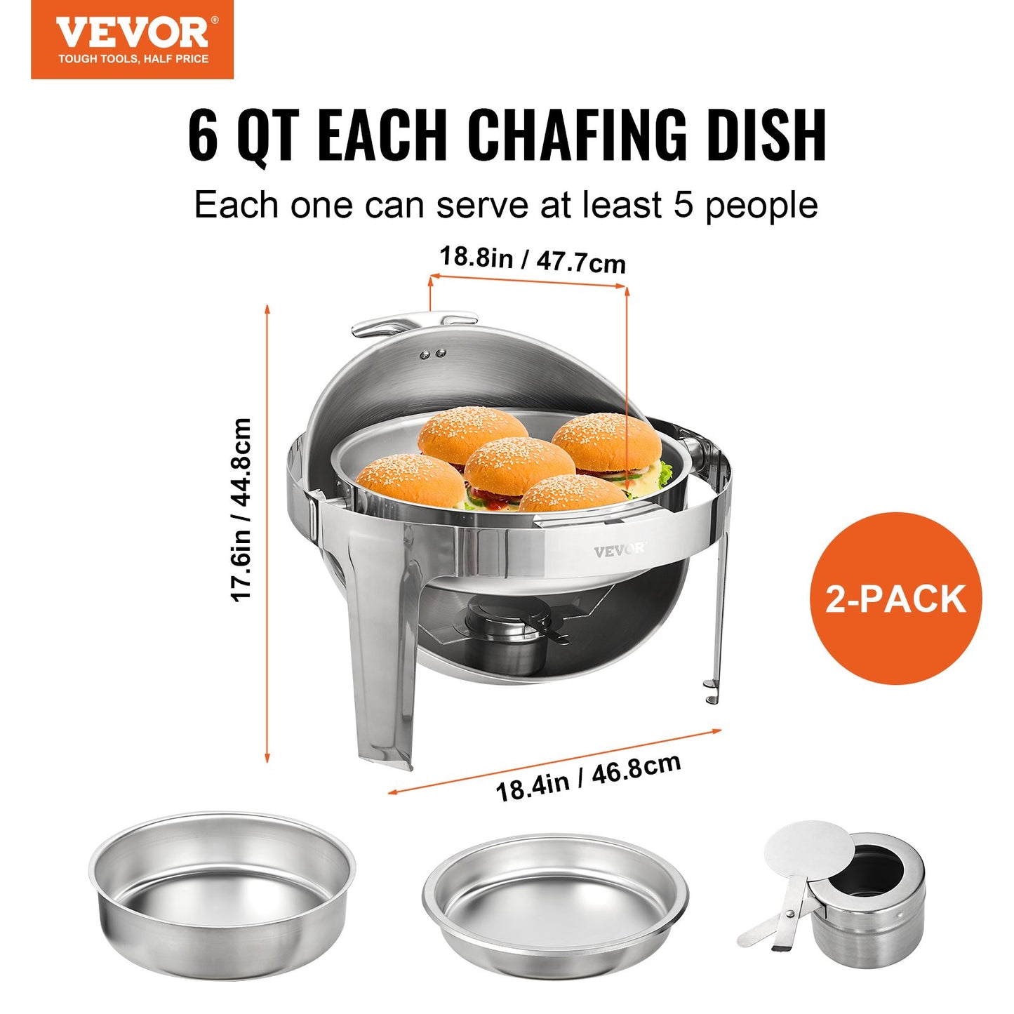 Roll Top Chafing Dish Buffet Set, 6 Qt 2 Pack, rostfritt stål Chafer med 2 fullstora kastruller, Round Catering Warmer Server med lock Vattenpanna Stativ Bränslehållare, för minst 5 personer