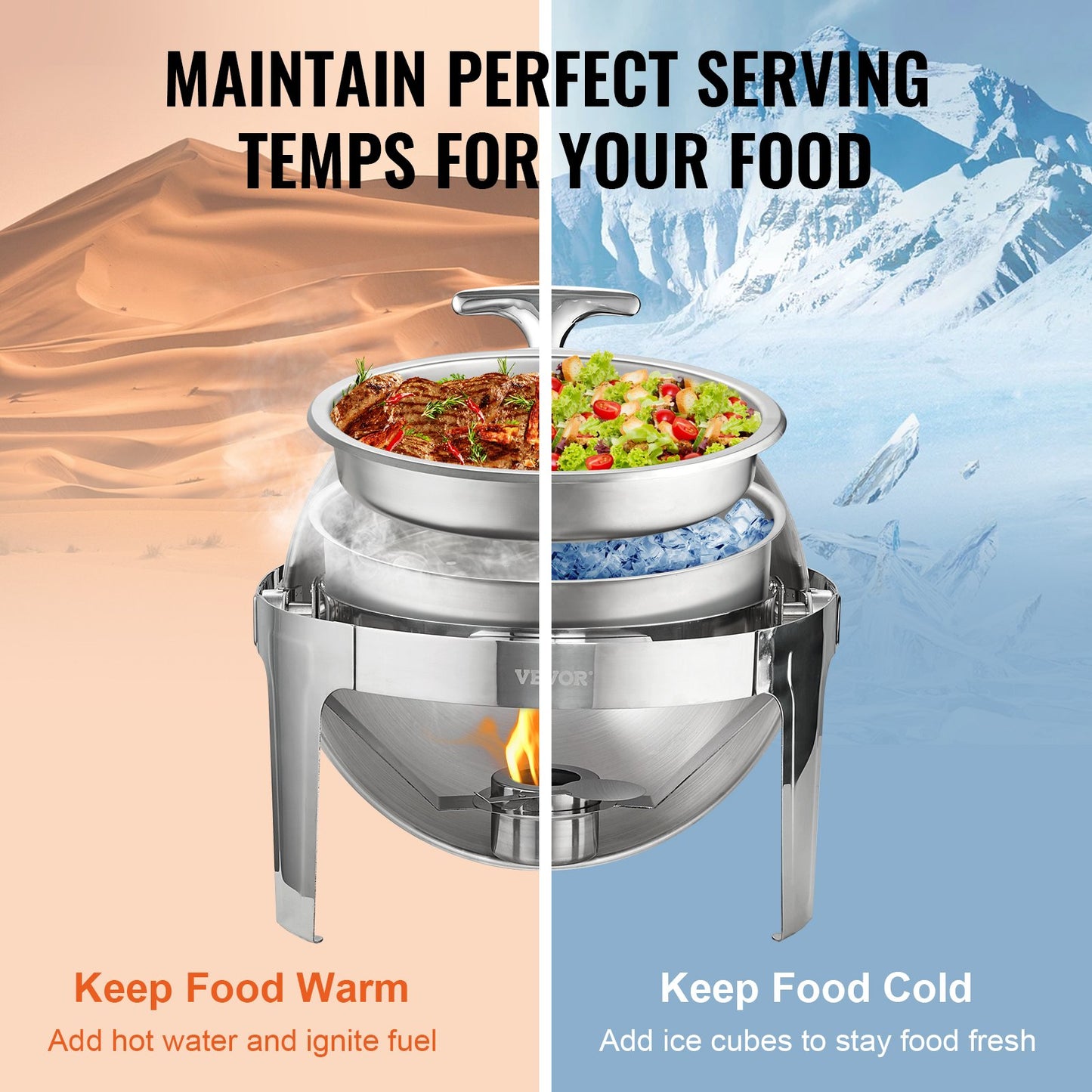 Roll Top Chafing Dish Buffet Set, 6 Qt 2 Pack, rostfritt stål Chafer med 2 fullstora kastruller, Round Catering Warmer Server med lock Vattenpanna Stativ Bränslehållare, för minst 5 personer