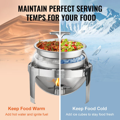 Roll Top Chafing Dish Buffet Set, 6 Qt 2 Pack, rostfritt stål Chafer med 2 fullstora kastruller, Round Catering Warmer Server med lock Vattenpanna Stativ Bränslehållare, för minst 5 personer