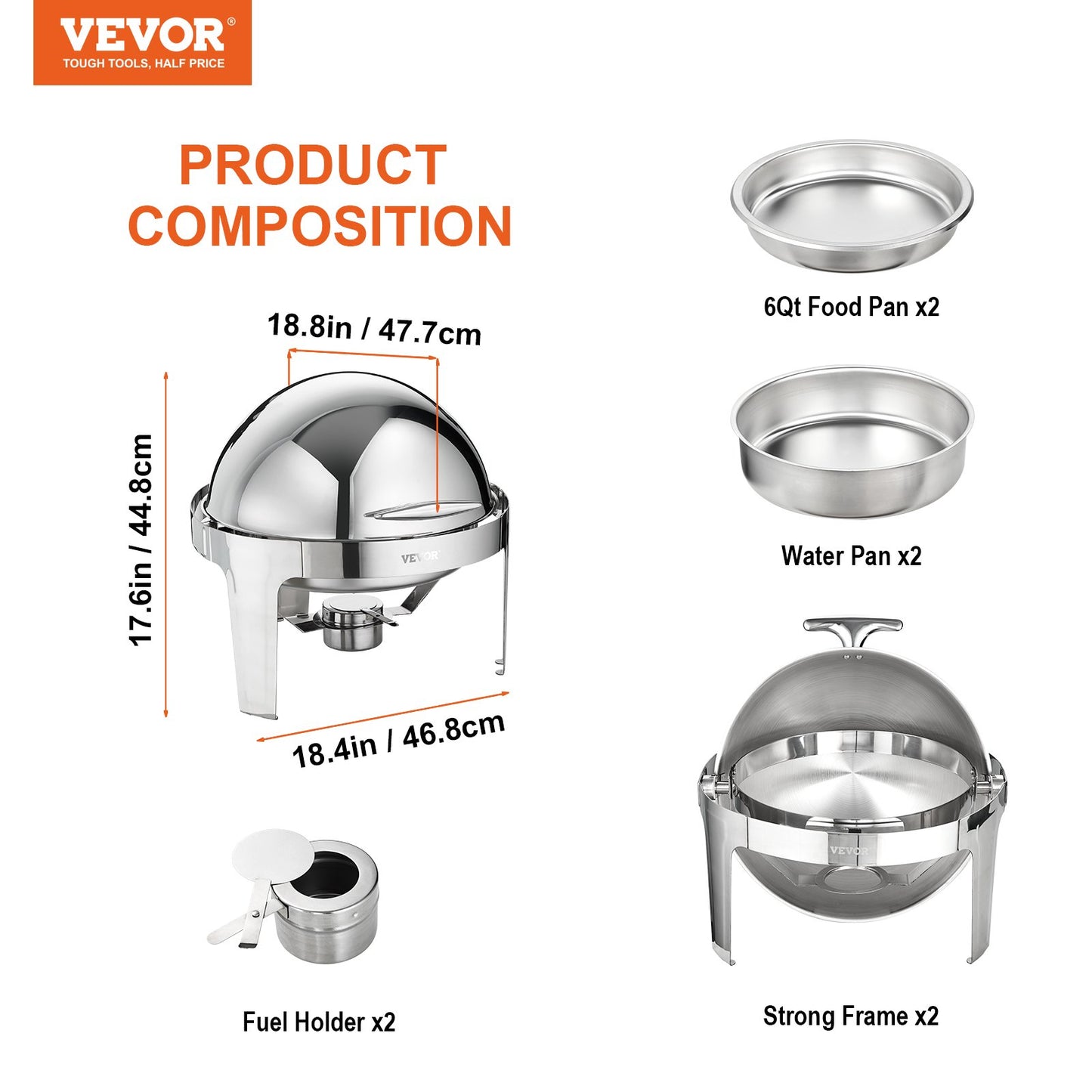 Roll Top Chafing Dish Buffet Set, 6 Qt 2 Pack, rostfritt stål Chafer med 2 fullstora kastruller, Round Catering Warmer Server med lock Vattenpanna Stativ Bränslehållare, för minst 5 personer