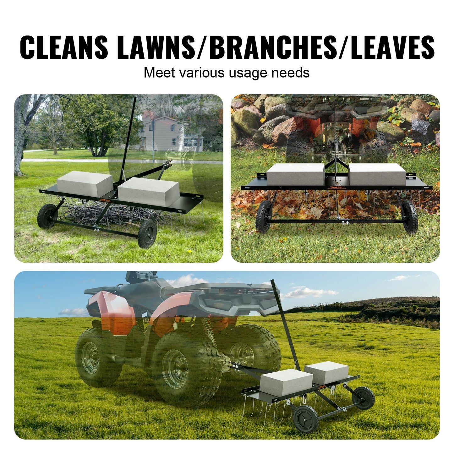 Tow Behind Dethatcher 48" Lawn Dethatcher Rake for ATV or Lawn Mower 24 Tines