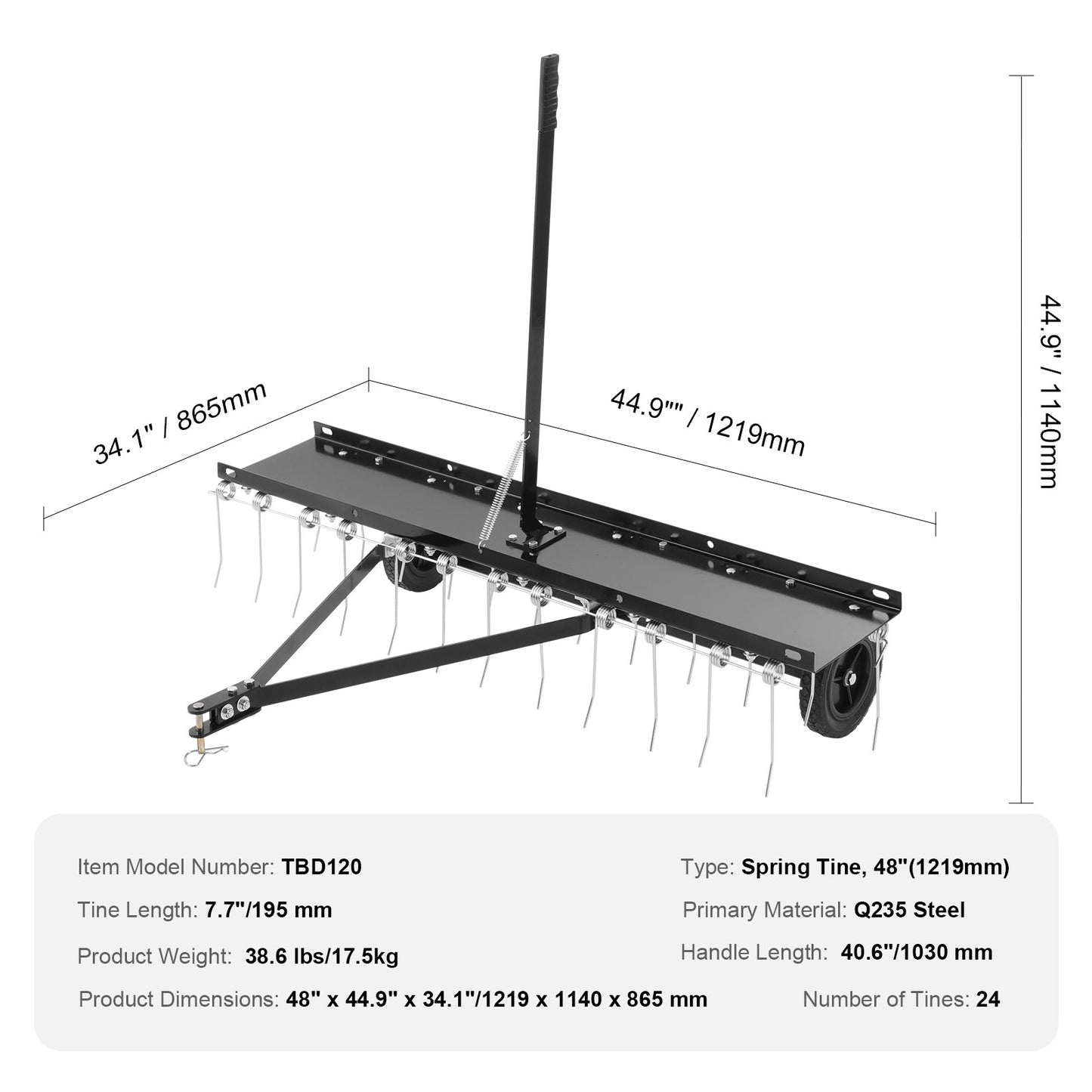 Tow Behind Dethatcher 48" Lawn Dethatcher Rake for ATV or Lawn Mower 24 Tines