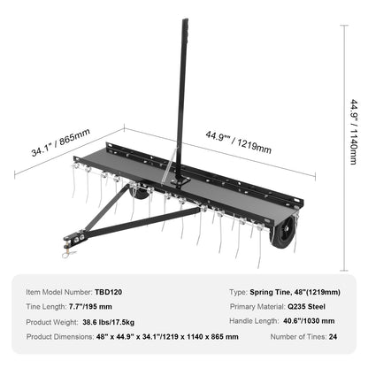 Tow Behind Dethatcher 48" Lawn Dethatcher Rake for ATV or Lawn Mower 24 Tines