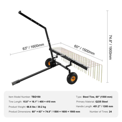 Tow Behind Dethatcher 60" Lawn Dethatcher Rake for ATV or Lawn Mower 24 Tines