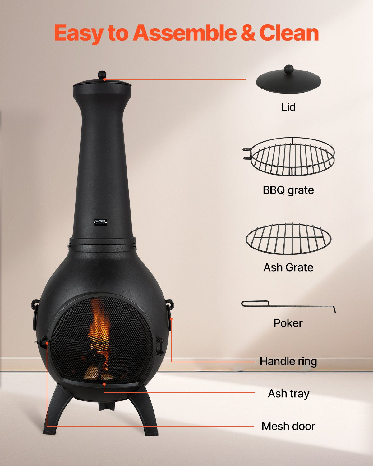 22 Inch Chiminea Outdoor Aluminum Fireplace with Grill Net and Chimney Rock