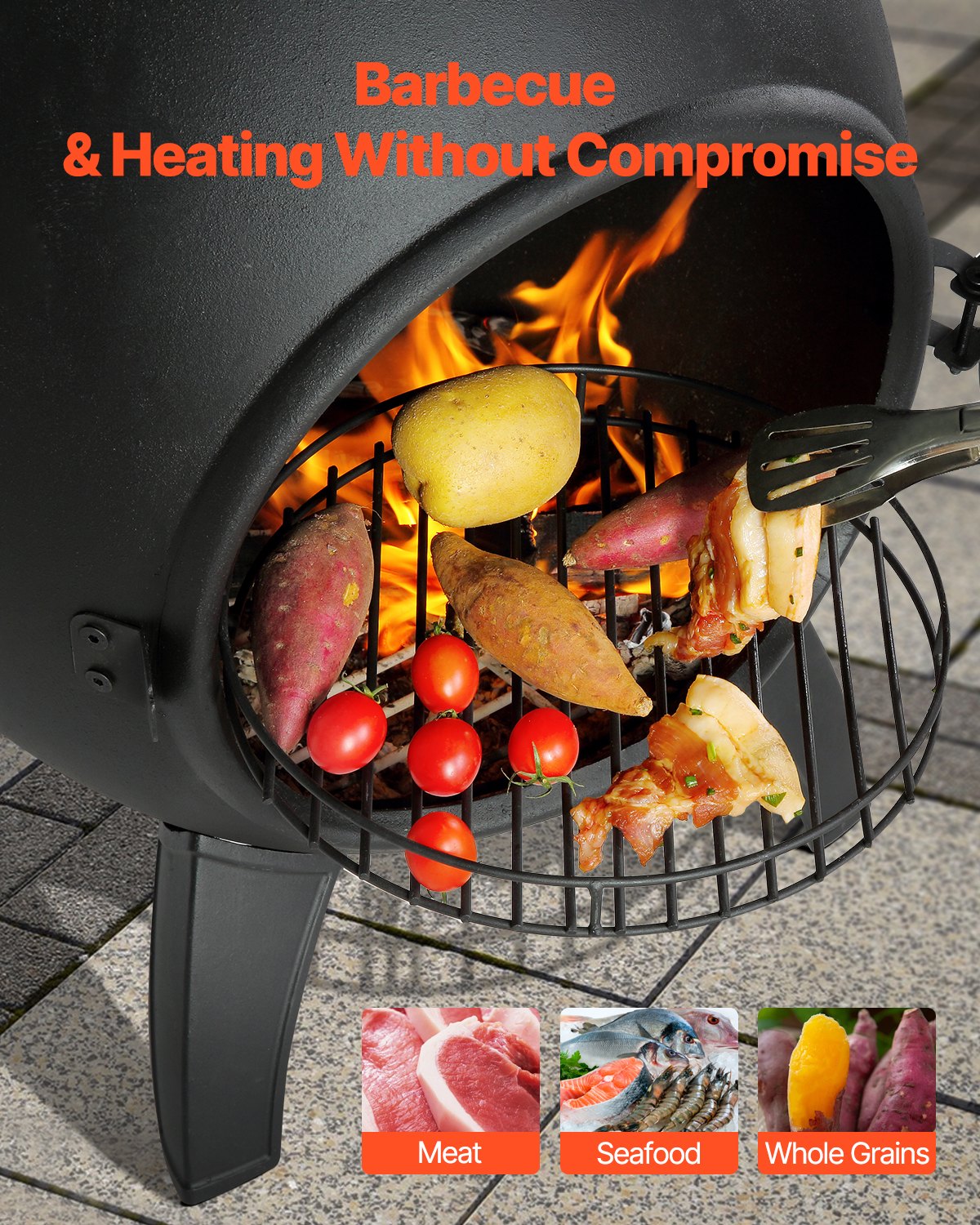 22 Inch Chiminea Outdoor Aluminum Fireplace with Grill Net and Chimney Rock