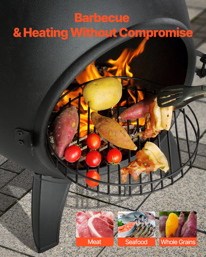 22 Inch Chiminea Outdoor Aluminum Fireplace with Grill Net and Chimney Rock