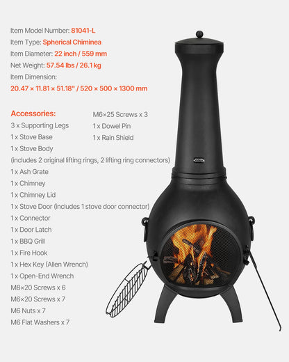 22 Inch Chiminea Outdoor Aluminum Fireplace with Grill Net and Chimney Rock