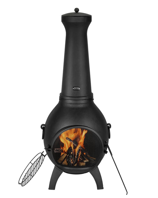 22 Inch Chiminea Outdoor Aluminum Fireplace with Grill Net and Chimney Rock