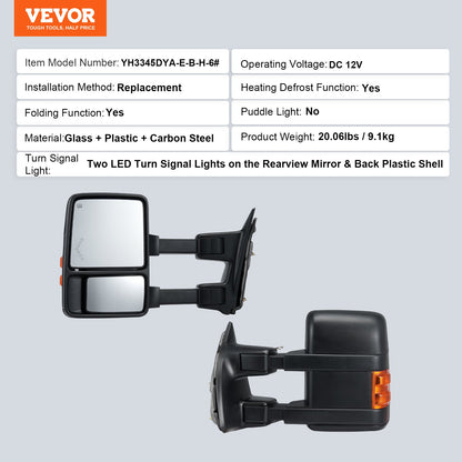 Power Uppvärmda dragspeglar för 2008-2016 Ford F250 F350 F450 F550 Fällbar