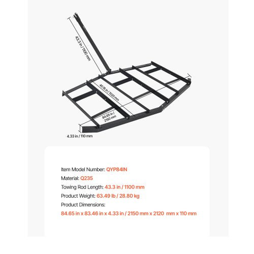 Pull Harrow 84" Wide Tow Behind Pull Harrow Steel Gravel Grader ATV UTV | EU