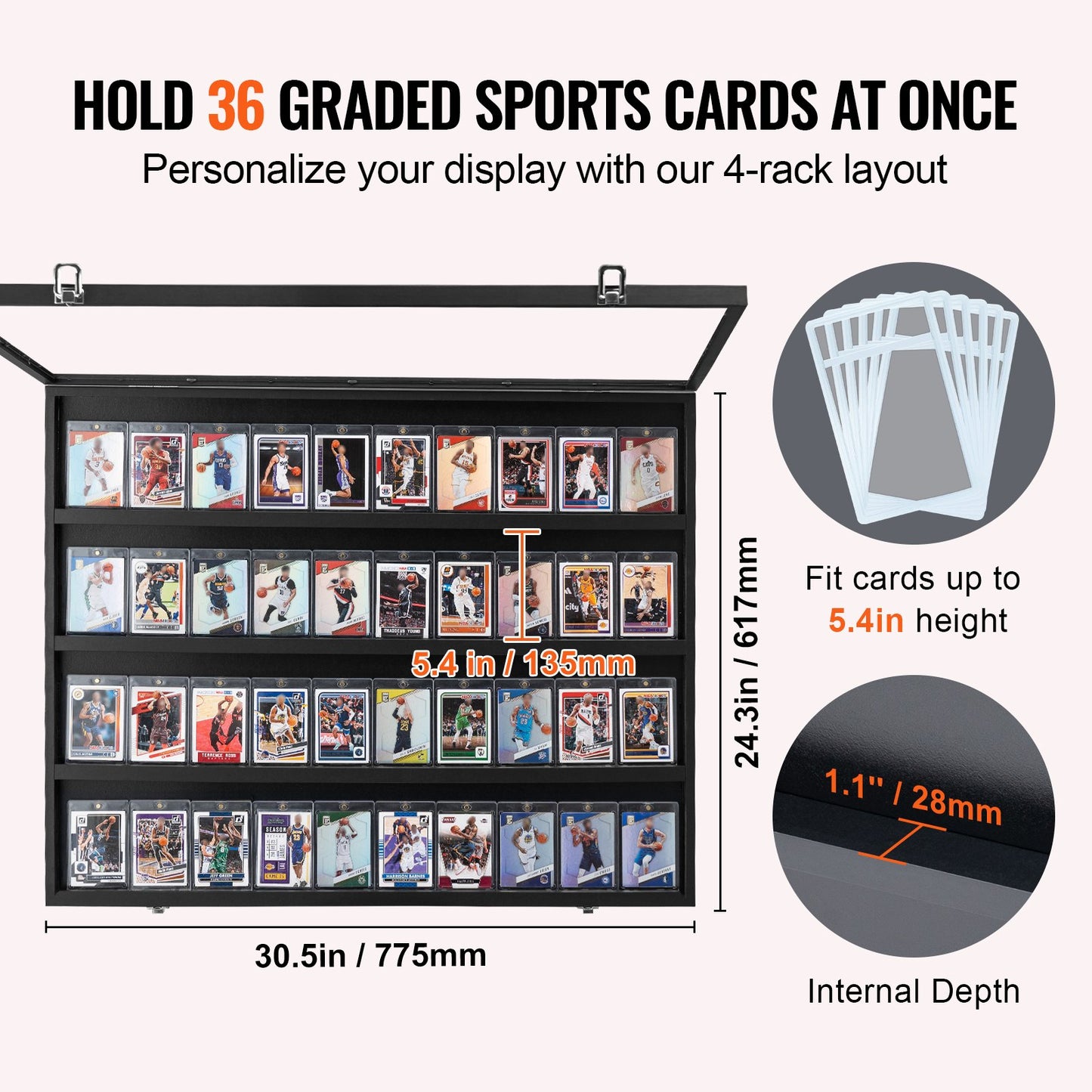 36 Graded Sport Card Display Case, 30,5x24,3x2,1 tum, Baseball Card Display Ram med 98 % UV-skydd Clear View PC-glas, låsbart väggskåp för fotboll Basket Hockey Trading Card