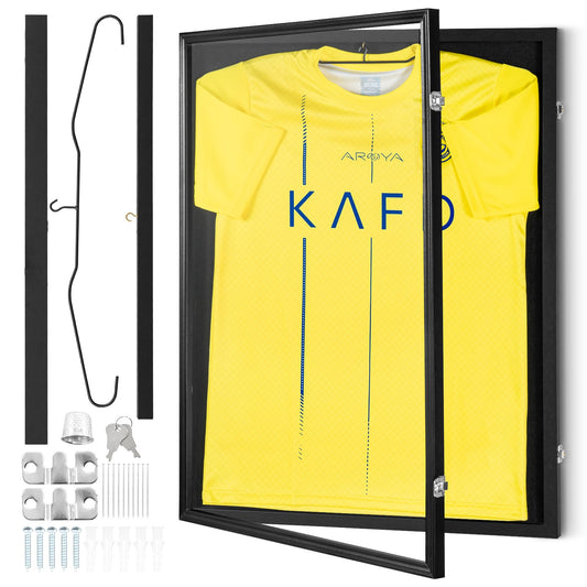 Jersey Display Ramfodral, 23,3 x 31,2 x 1,5 tum, stor låsbar sporttröja skugglåda med 98 % UV-skydd PC-glas och galgar, för baseball-basketfotbollshockeytröja och uniform