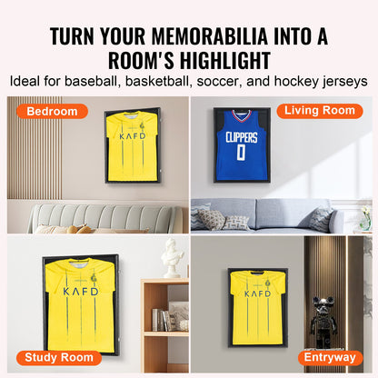 Jersey Display Ram Fodral, 24 x 32 x 1,5 tum, stor låsbar sporttröja skugglåda med 98 % UV-skydd PC-glas och hängare, för baseball-basket fotbollshockeytröja och uniform, svart