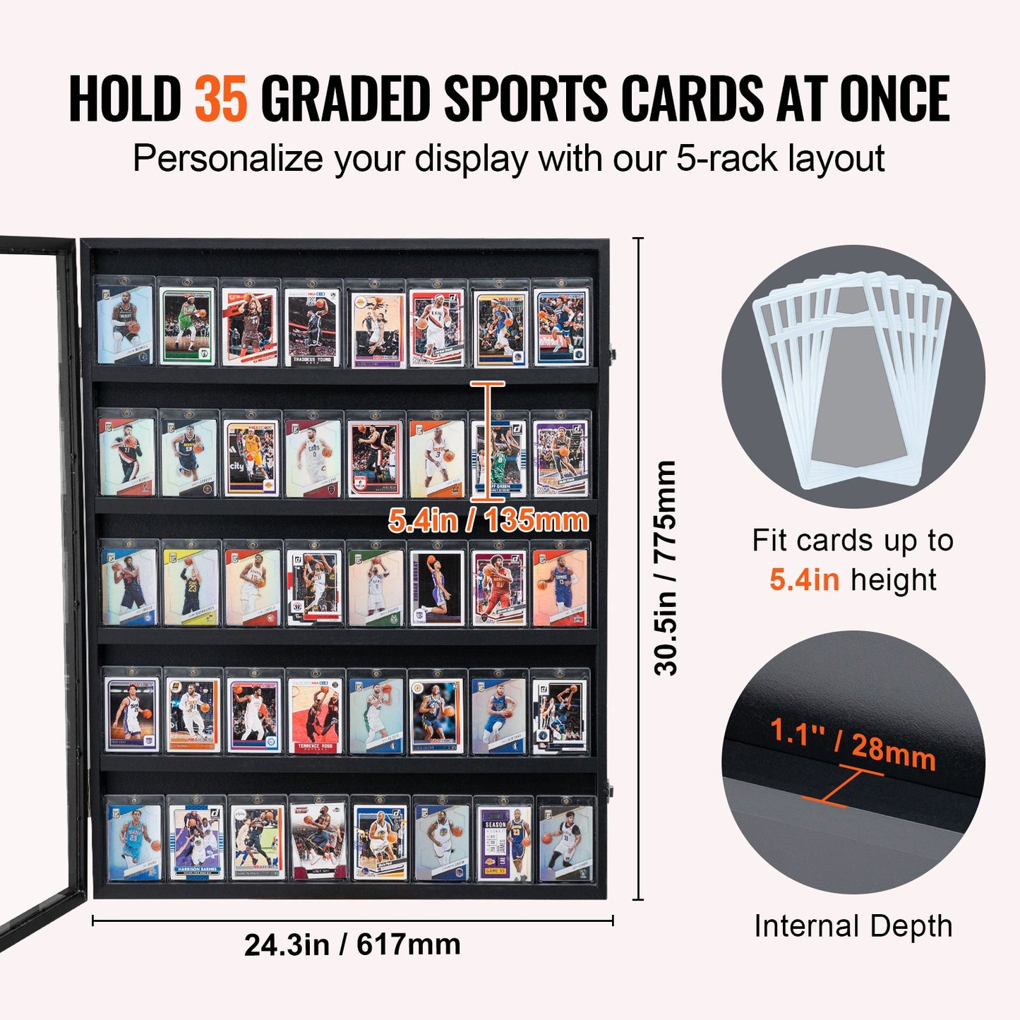 35 Graded Sport Card Display Case, 24,3x30,5x2,1 tum, Baseball Card Display Ram med 98 % UV-skydd Clear View PC-glas, Låsbart väggskåp för fotboll Basket Hockey Trading Card