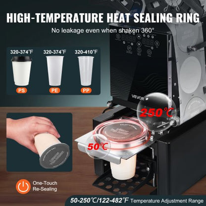 Helautomatisk koppförslutningsmaskin, 500-650 koppar/timme, koppförslutningsmaskin för 190 mm höga och 90/95 mm koppar, elektrisk Boba-teförslutare med digital kontroll LCD-panel för bubbelmjölkste och kaffe, svart |  EU