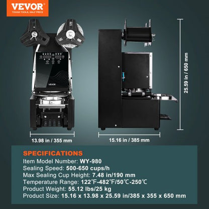 Helautomatisk koppförslutningsmaskin, 500-650 koppar/timme, koppförslutningsmaskin för 190 mm höga och 90/95 mm koppar, elektrisk Boba-teförslutare med digital kontroll LCD-panel för bubbelmjölkste och kaffe, svart |  EU