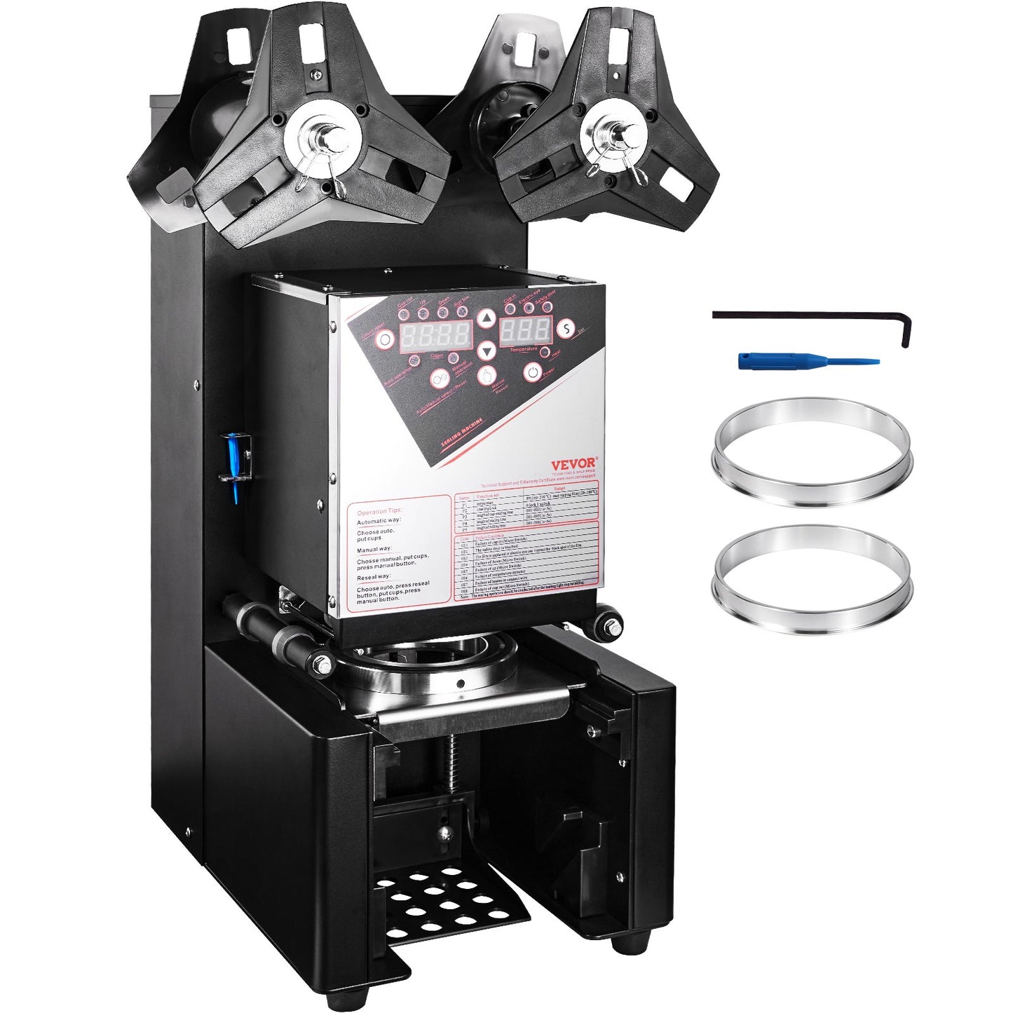 Helautomatisk koppförseglingsmaskin, 500-650 koppar/h, koppförseglingsmaskin för 190 mm lång & 90/95 mm kopp, elektrisk Boba teförsegling med digital kontroll LCD-panel för Bubble Milk Tea Coffee, svart